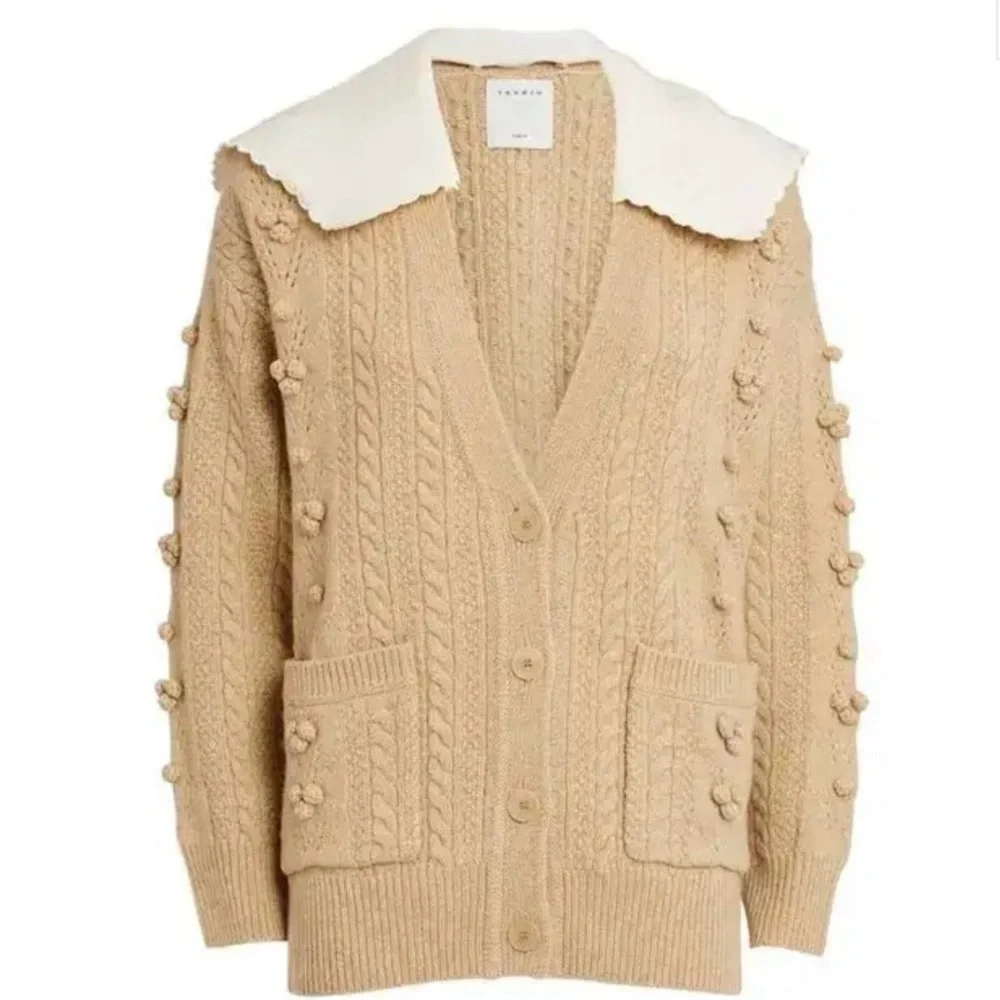 Sandro Ingrid Pom-Pom Cardigan MEDIUM Tan Cable-knit Sweater Pockets VGC - Picture 13 of 14